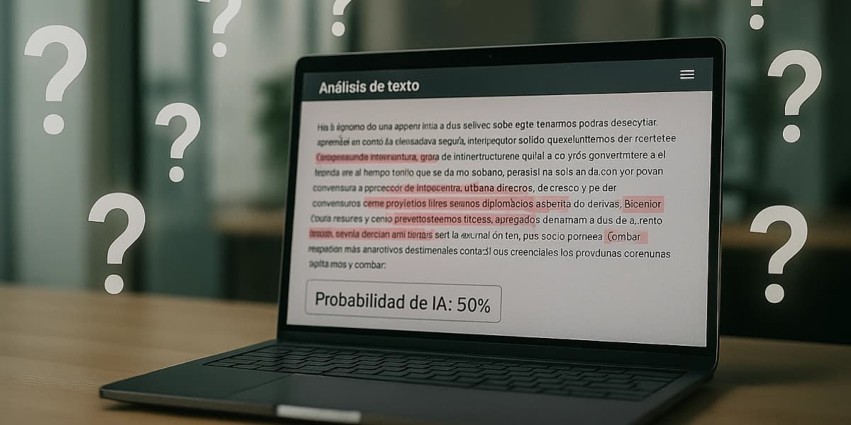 Texto humano siendo analizado por un detector de IA con resultados confusos